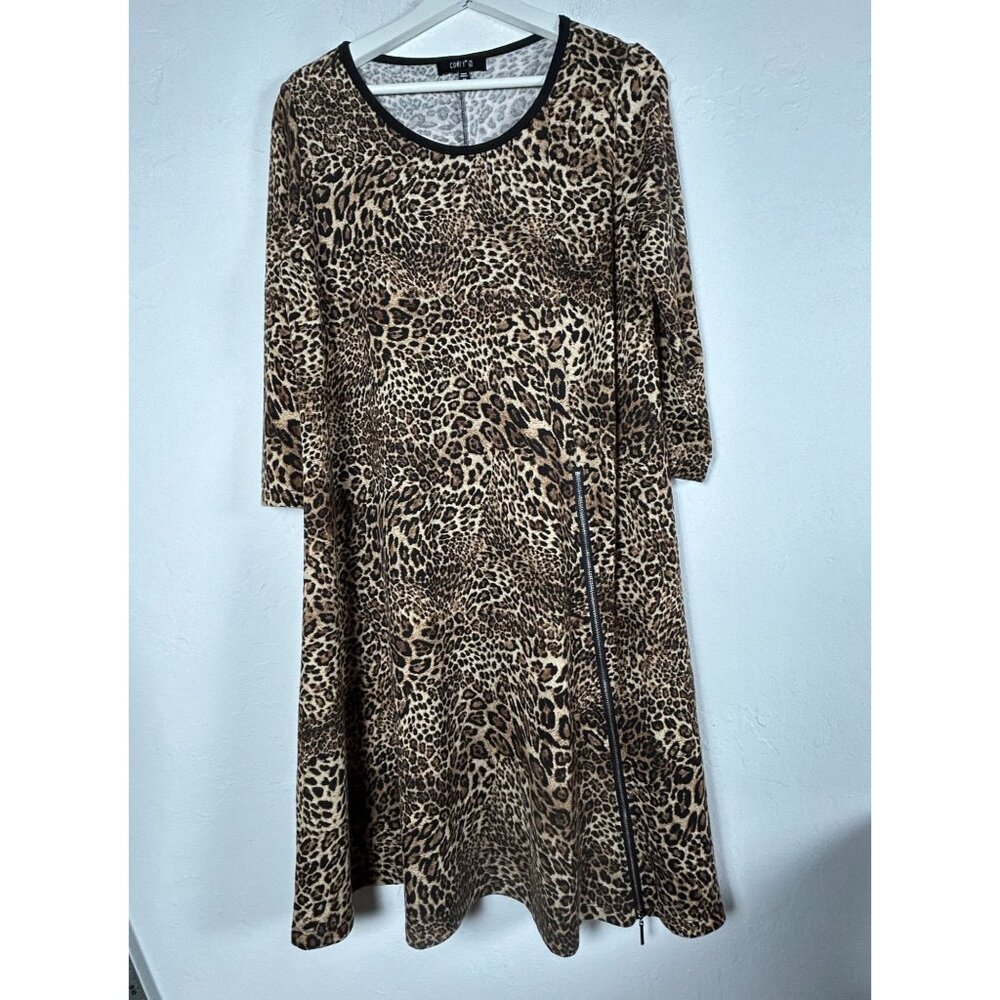 Comfy USA Women's Leopard Print Dress Medium Brown 3/4 Sleeve Stretch Zip Detail